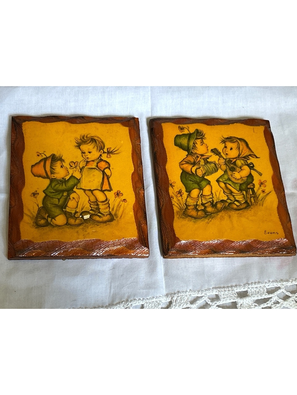 Vintage Evans Wood Plaques with Children Illustrations - Set of 2